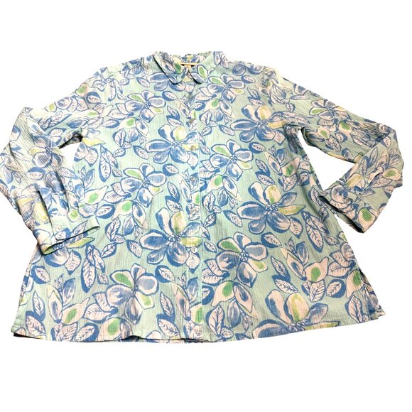 Appleseeds Size Large Blue Green Floral Button Shirt Coastal Garden Style Casual - Picture 10 of 10